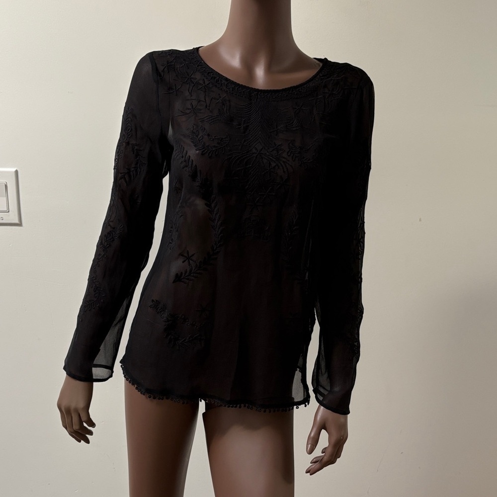 Ella Moss longsleeve blouse top shirt silk embroidered sheer black size XS